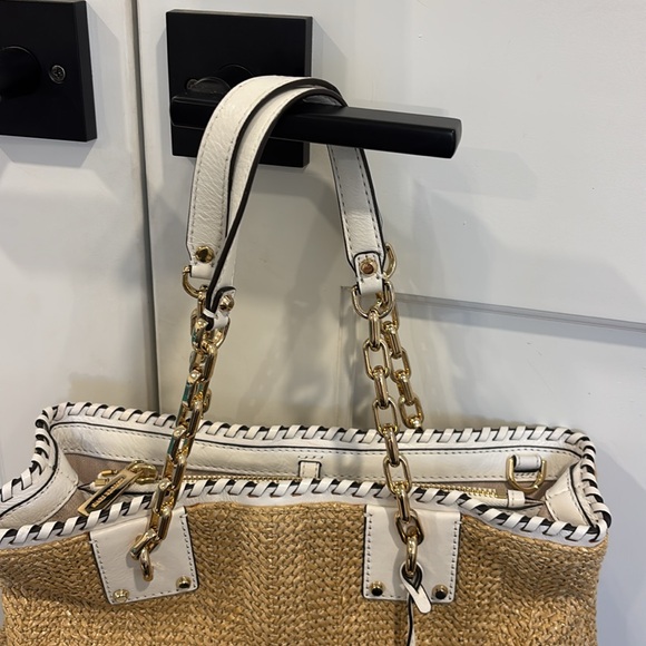 Michael Kors Rosalie Tan and White Woven Tote Bag